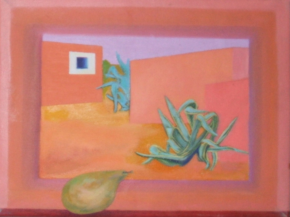 Formentera finca in early morning by Colin Galloway, with coral walls, blue-green plants and a pear in the foreground.