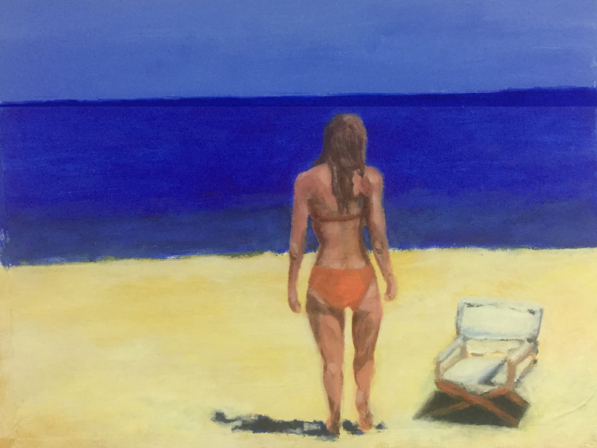 Platja de Llevant, Formentera, by Colin Galloway, showing a woman in orange swimwear beside a lounger on yellow sand.