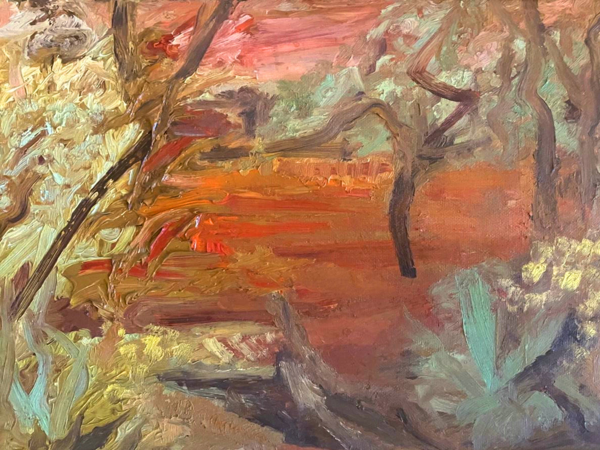 Ibiza sunset landscape near Santa Ines by Colin Galloway, with dark tree trunks and warm orange, pink and green brushwork.