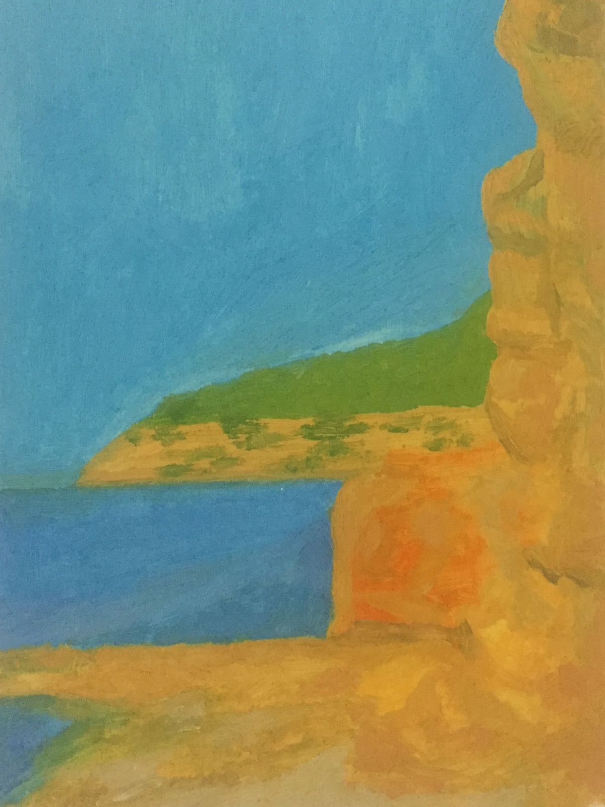 Landscape near Cala Jondal, Ibiza, by Colin Galloway, with golden cliffs, blue sea and a green headland.