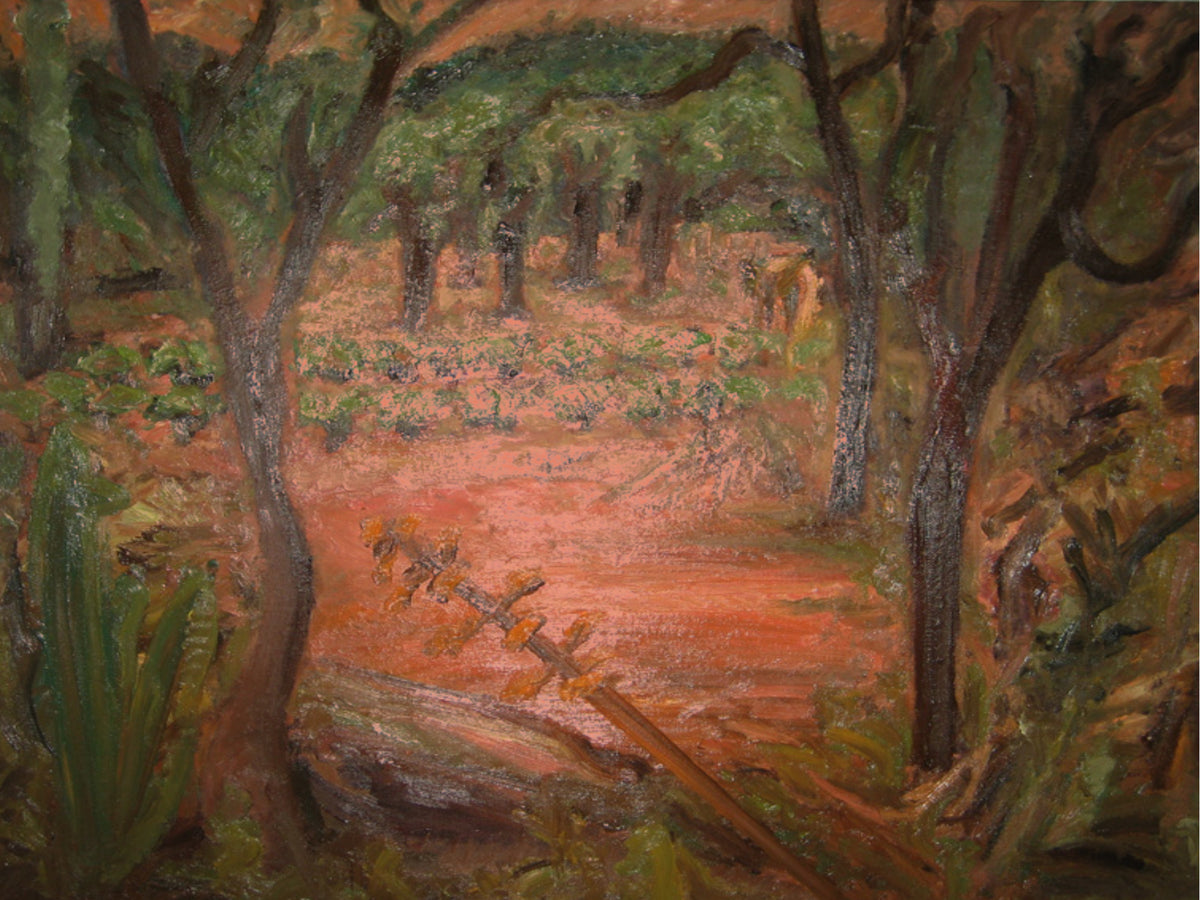 Evening summer landscape near Santa Ines, Ibiza, by Colin Galloway, with dark trees, green foliage and orange earth.
