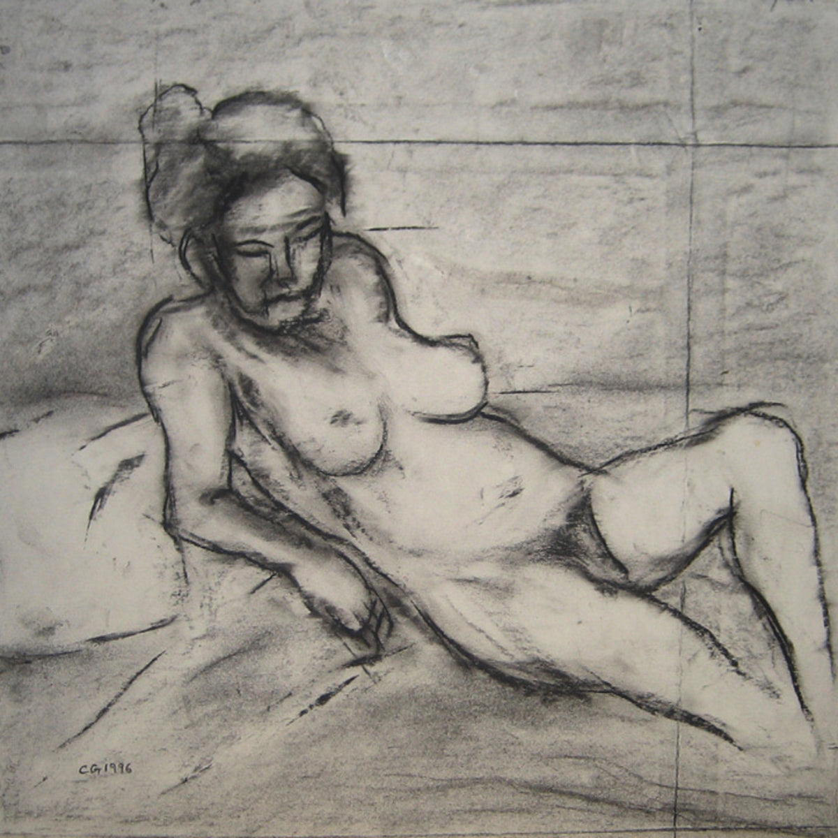 Charcoal life drawing by Colin Galloway of a nude woman reclining on cushions, with her head lowered and one knee raised.