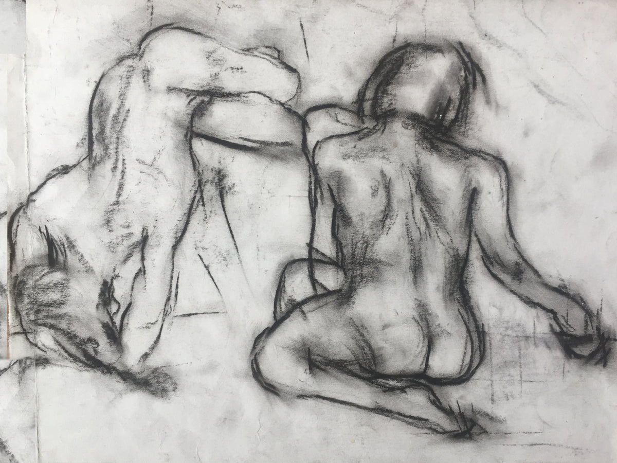  Charcoal life drawing by Colin Galloway showing two nude figure studies from behind, one leaning forward and one seated with folded legs.
