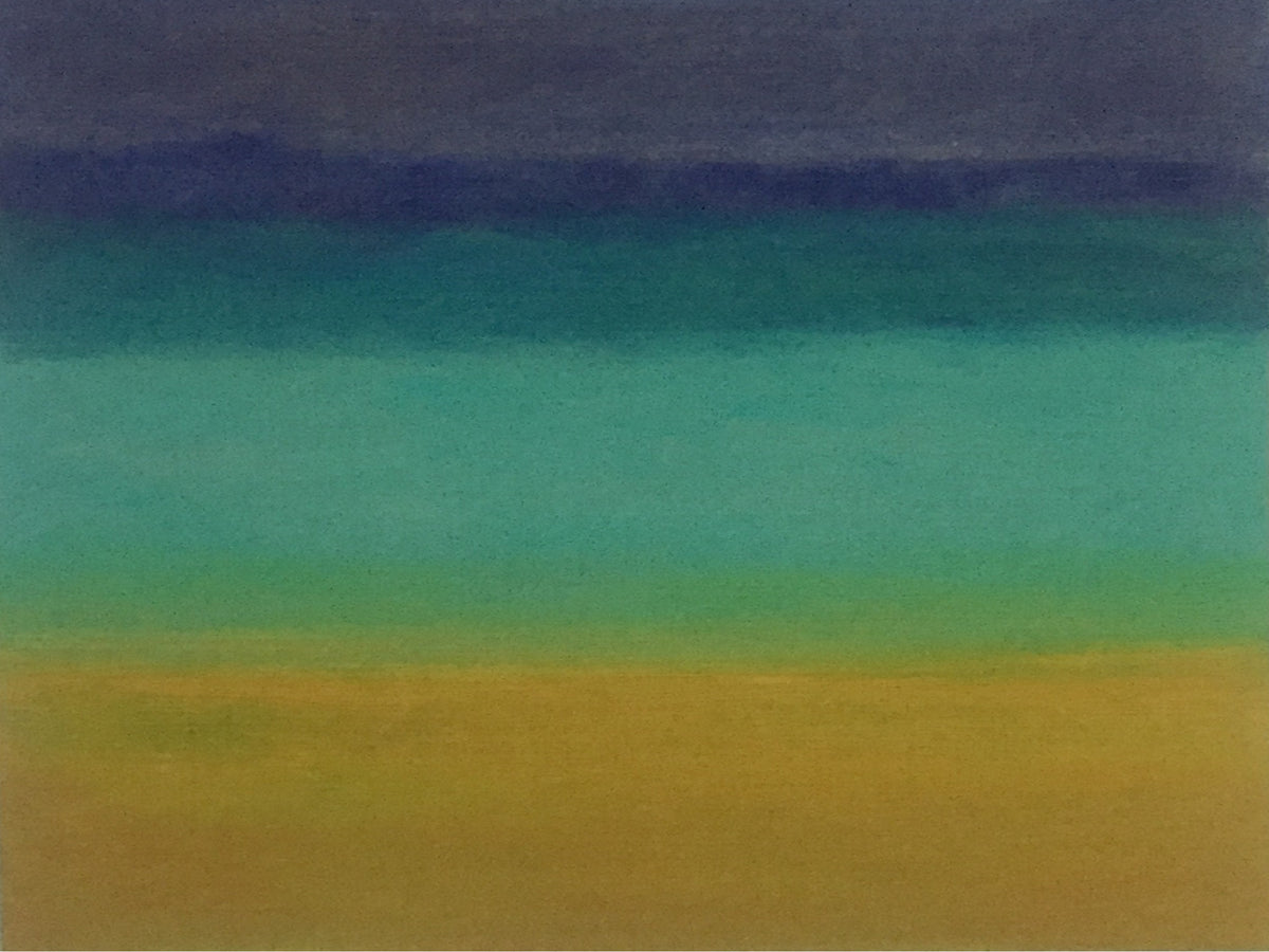 Springtime seascape of Formentera by Colin Galloway, with horizontal bands of golden sand, turquoise water and dark blue.