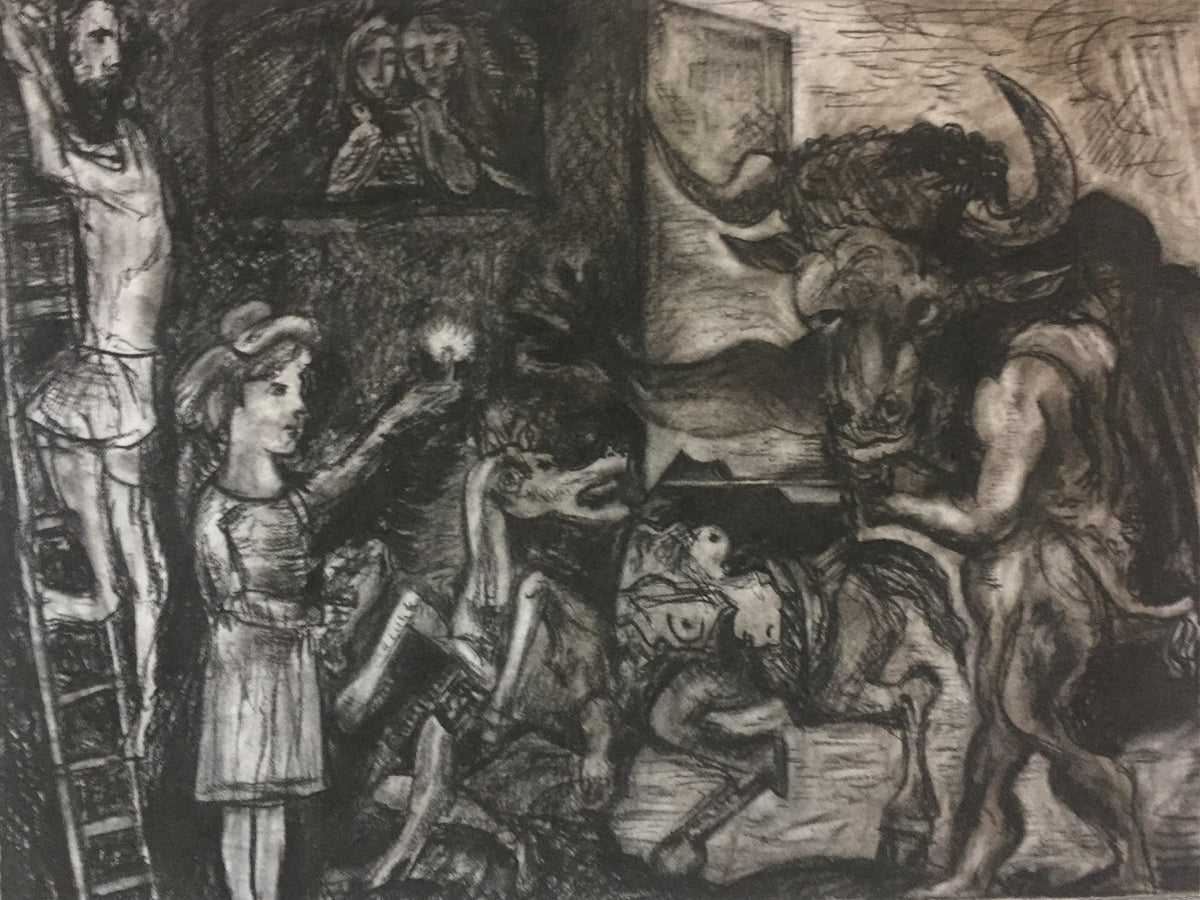 Charcoal study after Picasso by Colin Galloway, depicting a horned Minotaur, a horse and a figure holding a light.
