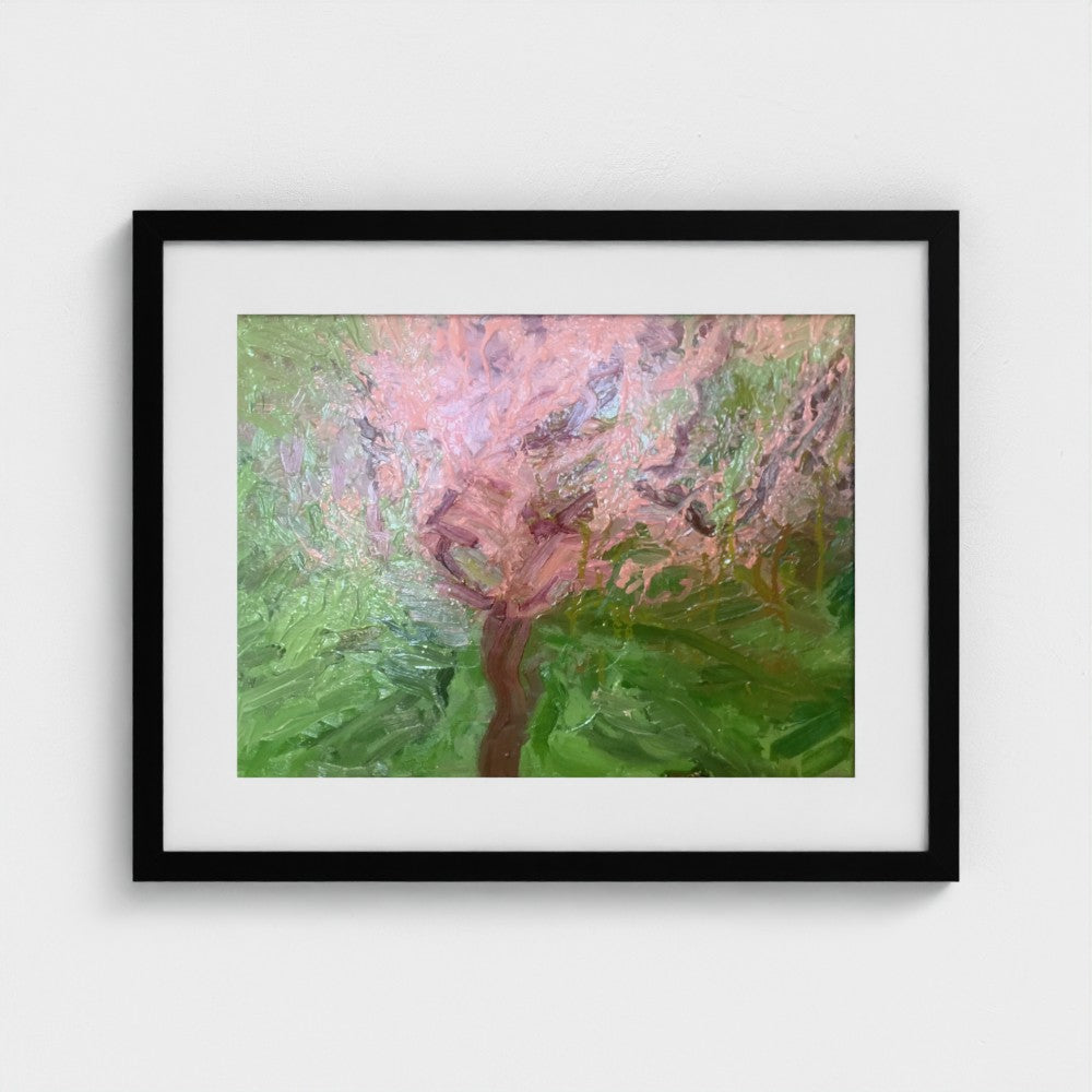 Black-framed Spring Apple Blossom, Surrey II, print by Colin Galloway, with a pink blossom canopy and green background.
