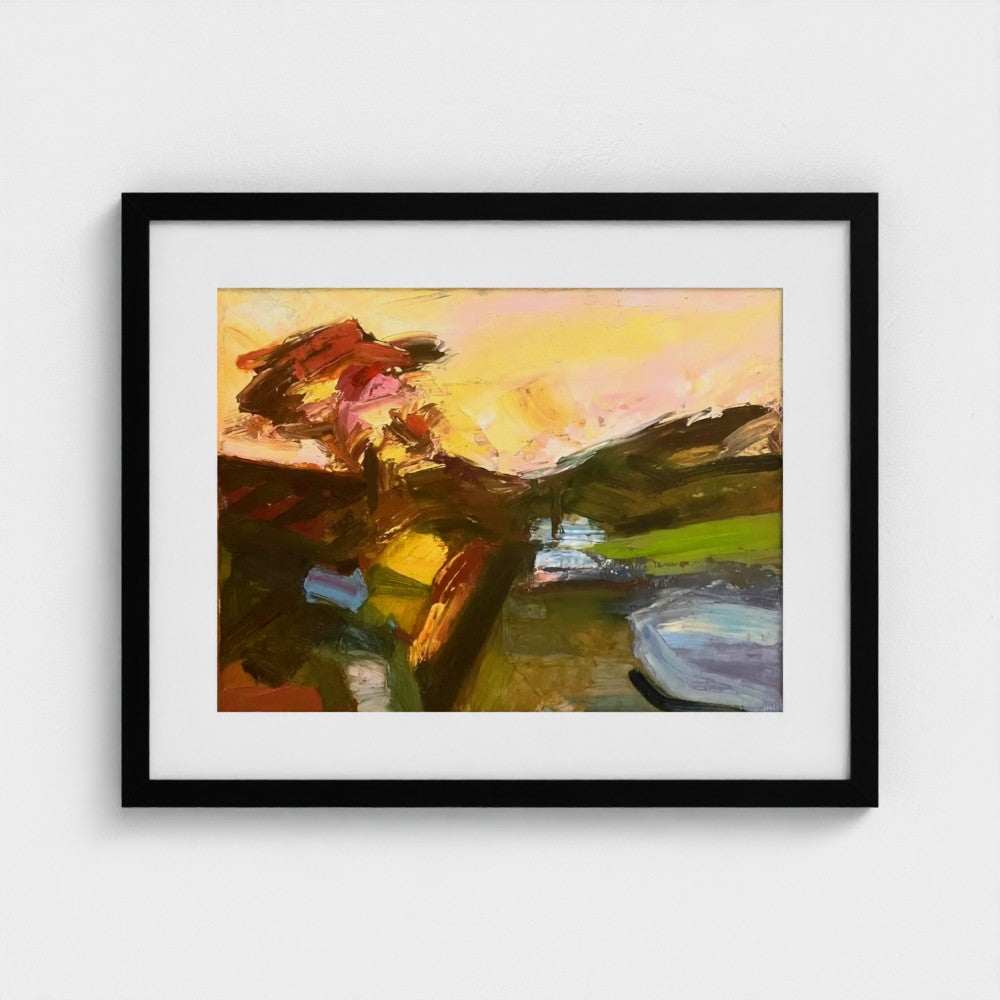 Black-framed Surrey spring morning print by Colin Galloway, with bold brown, yellow, pink and blue brushstrokes.
