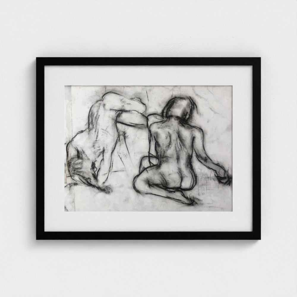 Life Study IV by Colin Galloway, a black-framed charcoal drawing print showing two nude figure studies viewed from behind.