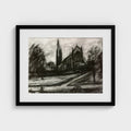 Black-framed Surrey urban landscape print by Colin Galloway, showing a church and tall spire in black and white.
