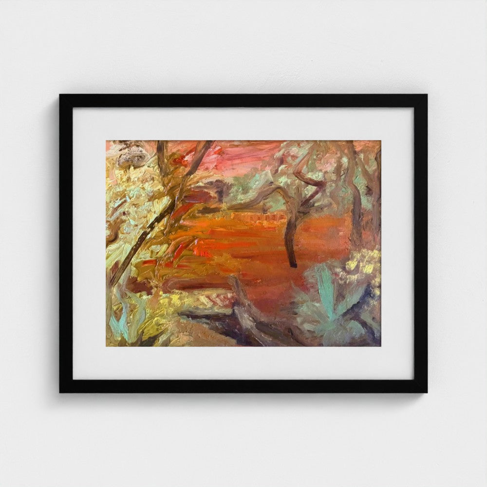 Ibiza sunset landscape near Santa Ines by Colin Galloway, with dark tree trunks and warm orange, pink and green brushwork.