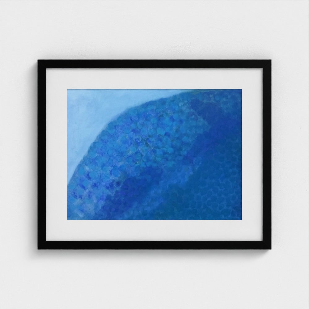 Black-framed print of Colin Galloway’s San Juan swimming pool, with curved bands of light and deep blue.