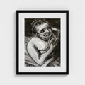 Black-framed print of Colin Galloway’s charcoal study after Rembrandt, showing a woman with a bare shoulder holding draped fabric.