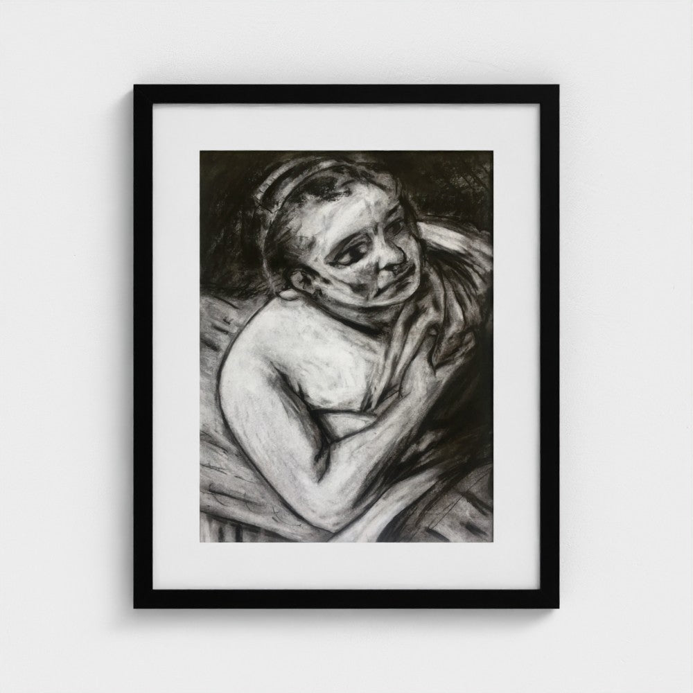 Black-framed print of Colin Galloway’s charcoal study after Rembrandt, showing a woman with a bare shoulder holding draped fabric.