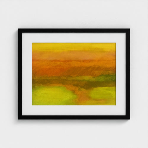 Black-framed autumn Surrey landscape print by Colin Galloway, with soft bands of gold, orange and green.
