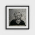 Portrait Study I by Colin Galloway, a square black-framed charcoal portrait print of a woman in a dark top with her head tilted.
