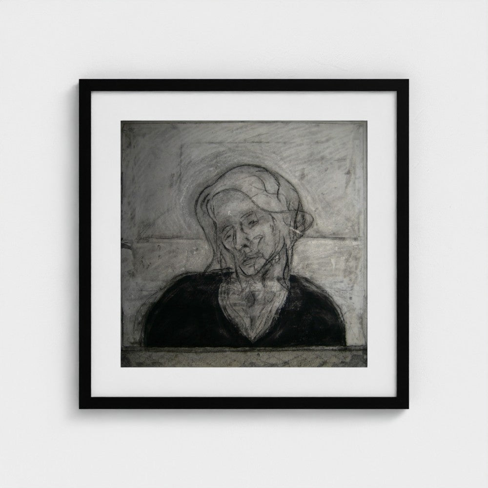 Portrait Study I by Colin Galloway, a square black-framed charcoal portrait print of a woman in a dark top with her head tilted.