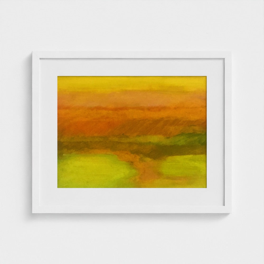 White-framed autumn Surrey landscape print by Colin Galloway, with soft bands of gold, orange and green.
