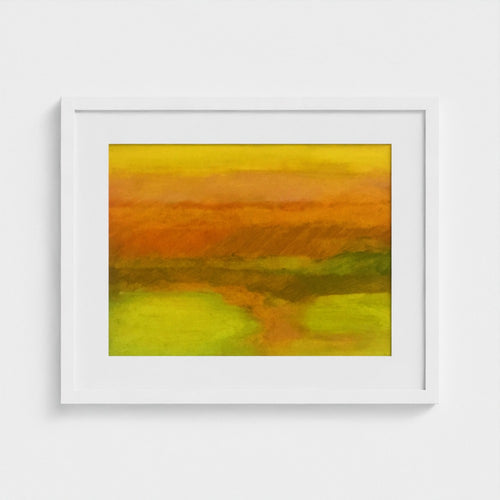 White-framed autumn Surrey landscape print by Colin Galloway, with soft bands of gold, orange and green.
