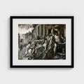 Black-framed print of Colin Galloway’s charcoal study after Rubens, showing a dramatic group of figures beside classical architecture.
