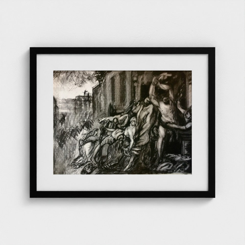 Black-framed print of Colin Galloway’s charcoal study after Rubens, showing a dramatic group of figures beside classical architecture.
