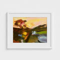 White-framed Surrey spring morning print by Colin Galloway, with bold brown, yellow, pink and blue brushstrokes.