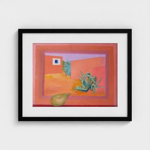 Black-framed print of Colin Galloway’s Formentera finca, with coral walls, blue-green plants and a foreground pear.
