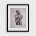 Black-framed print of Colin Galloway’s charcoal study of Greek antiquity, depicting sculptural fragments of Theseus and Amazon Antiope.