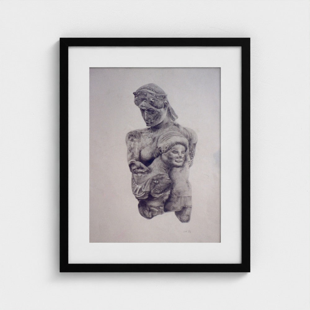 Black-framed print of Colin Galloway’s charcoal study of Greek antiquity, depicting sculptural fragments of Theseus and Amazon Antiope.