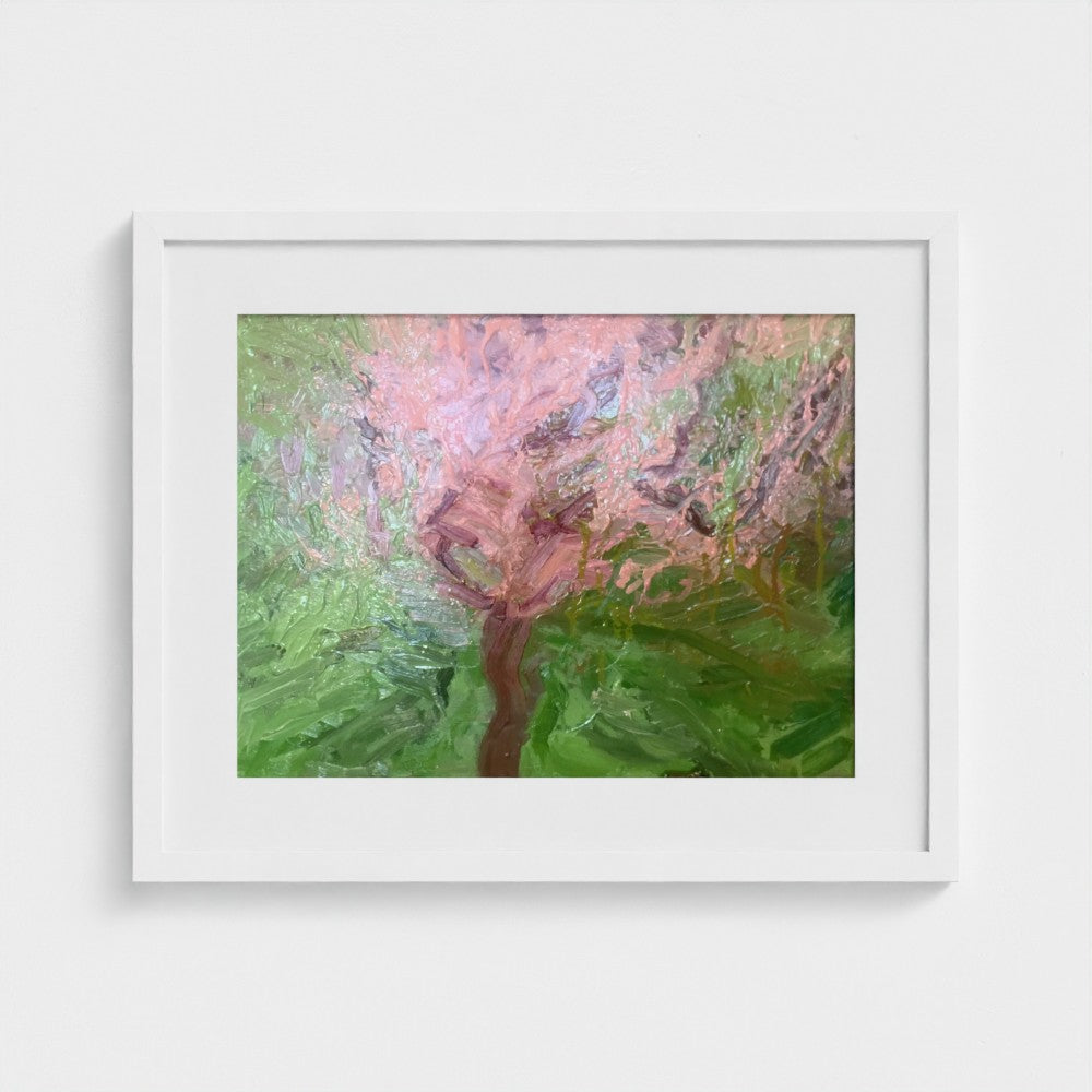 White-framed Spring Apple Blossom, Surrey II, print by Colin Galloway, with a pink blossom canopy and green background.
