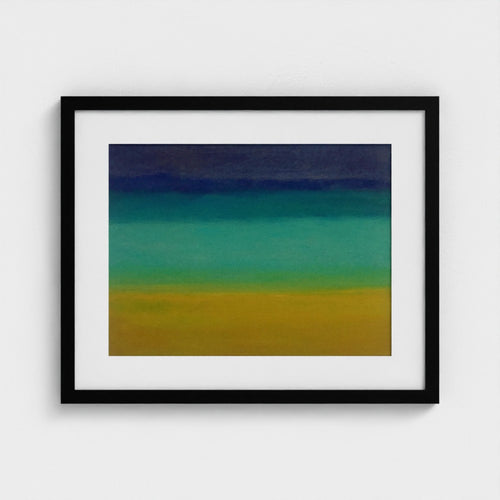 Black-framed print of Colin Galloway’s Formentera spring seascape, with bands of yellow, turquoise and deep blue.