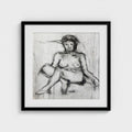 Life Study I by Colin Galloway, a square black-framed charcoal drawing print of a nude woman seated with crossed legs.