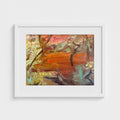 Ibiza sunset landscape near Santa Ines by Colin Galloway, with dark tree trunks and warm orange, pink and green brushwork.