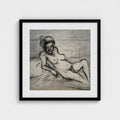Life Study III by Colin Galloway, a square black-framed charcoal drawing print of a reclining nude woman with one knee raised.