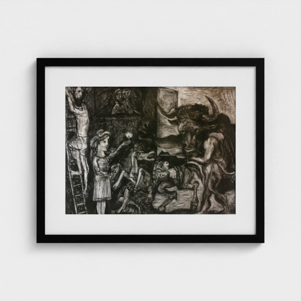 Black-framed print of Colin Galloway’s charcoal study after Picasso, showing a Minotaur, a horse and surrounding figures.