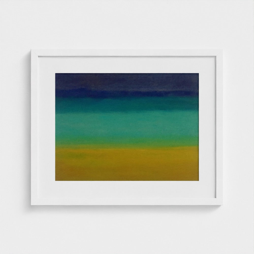 White-framed print of Colin Galloway’s Formentera spring seascape, with bands of yellow, turquoise and deep blue.