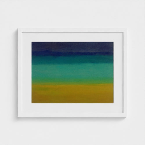 White-framed print of Colin Galloway’s Formentera spring seascape, with bands of yellow, turquoise and deep blue.