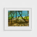 Ibiza landscape near San Carlos by Colin Galloway, with dark trees, sunlit ground and turquoise sea.