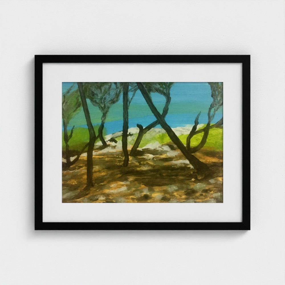 Ibiza landscape near San Carlos by Colin Galloway, with dark trees, sunlit ground and turquoise sea.