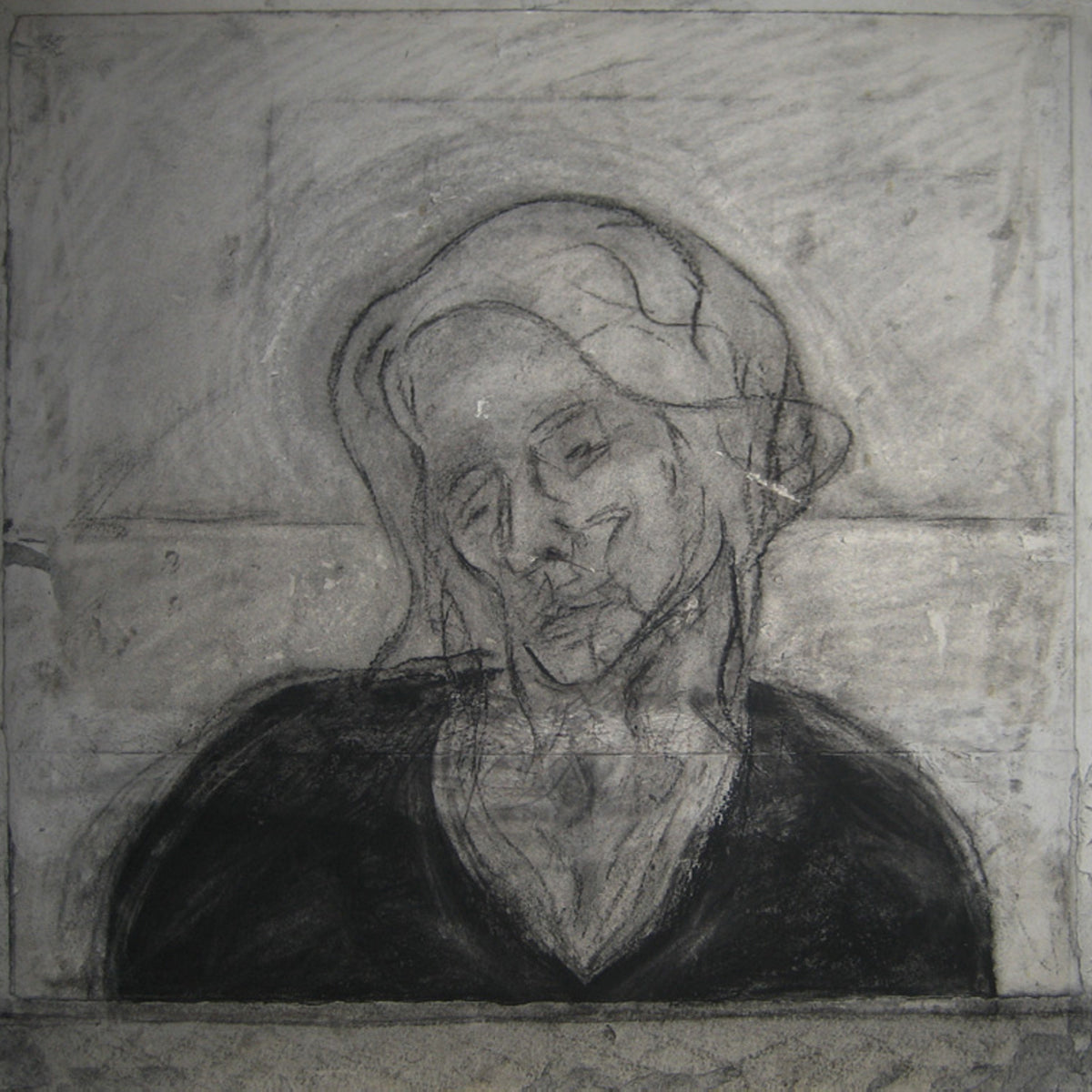 Charcoal portrait by Colin Galloway of a woman with swept-back hair and a tilted head, wearing a dark V-neck top.