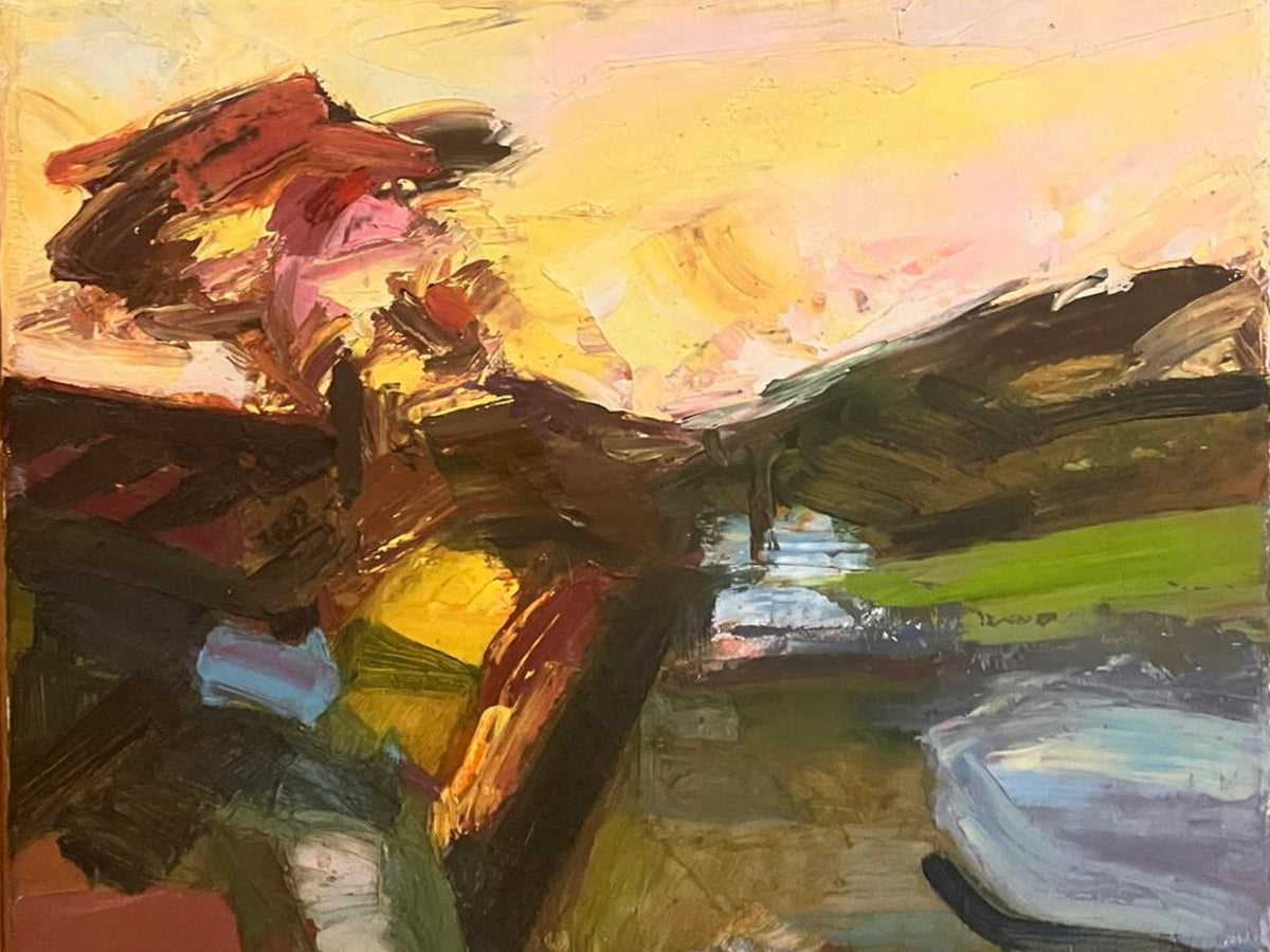 Springtime Morning, Surrey, by Colin Galloway, an expressive landscape with yellow sky and bold brown and blue forms.
