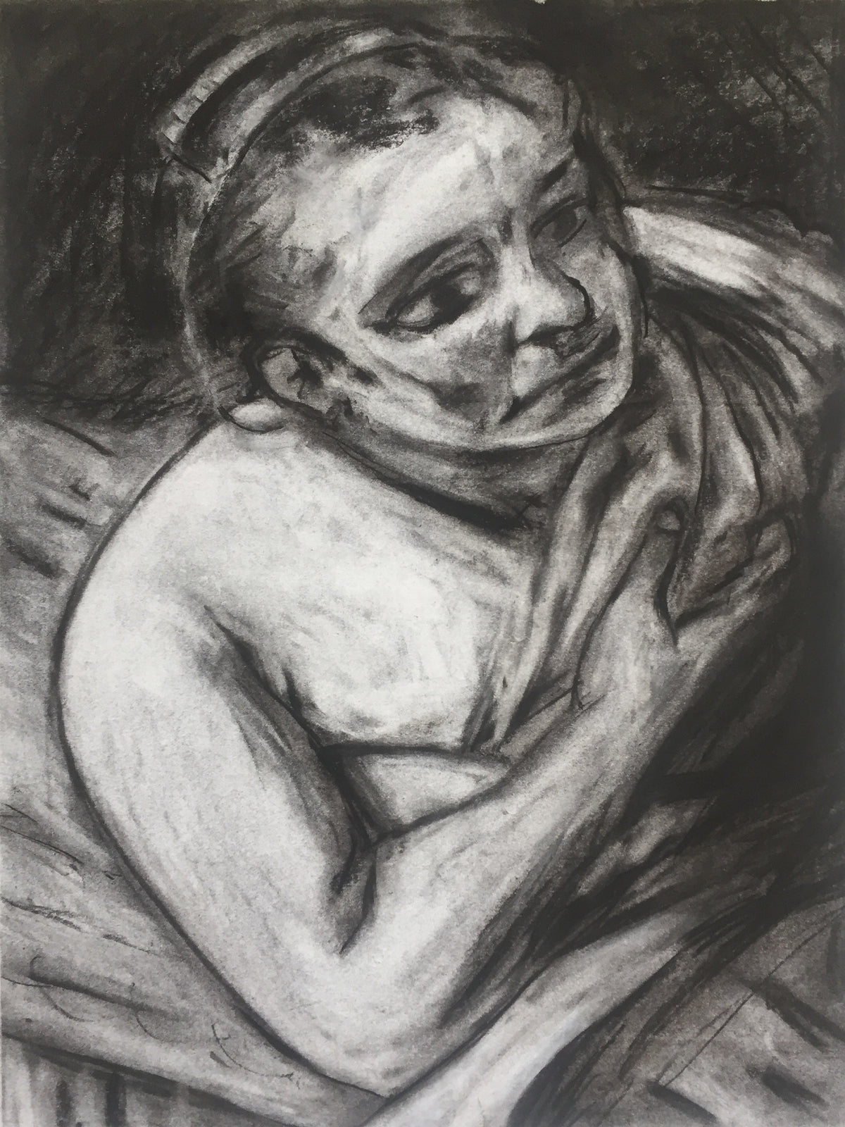 Charcoal study after Rembrandt by Colin Galloway, showing a woman looking down, with a bare shoulder and fabric gathered at her chest.