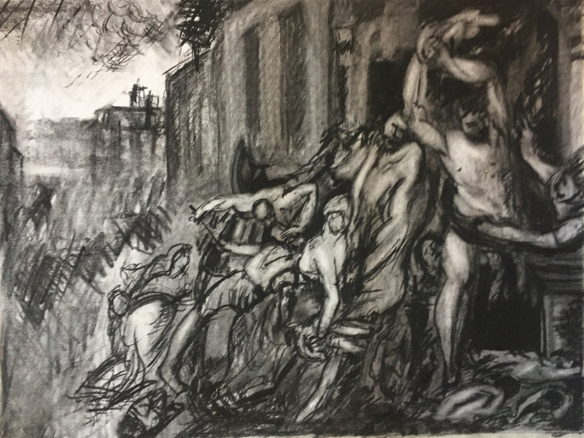 Charcoal study after Rubens by Colin Galloway, with clustered figures, raised arms and draped fabric beside classical columns.