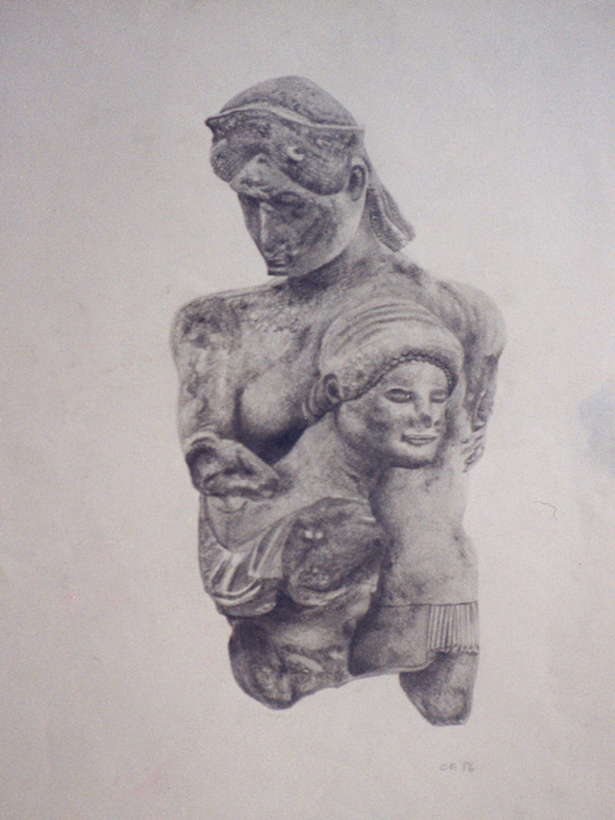 Colin Galloway’s charcoal study of sculptural fragments of Theseus and Amazon Antiope from the Temple of Apollo at Eretria.