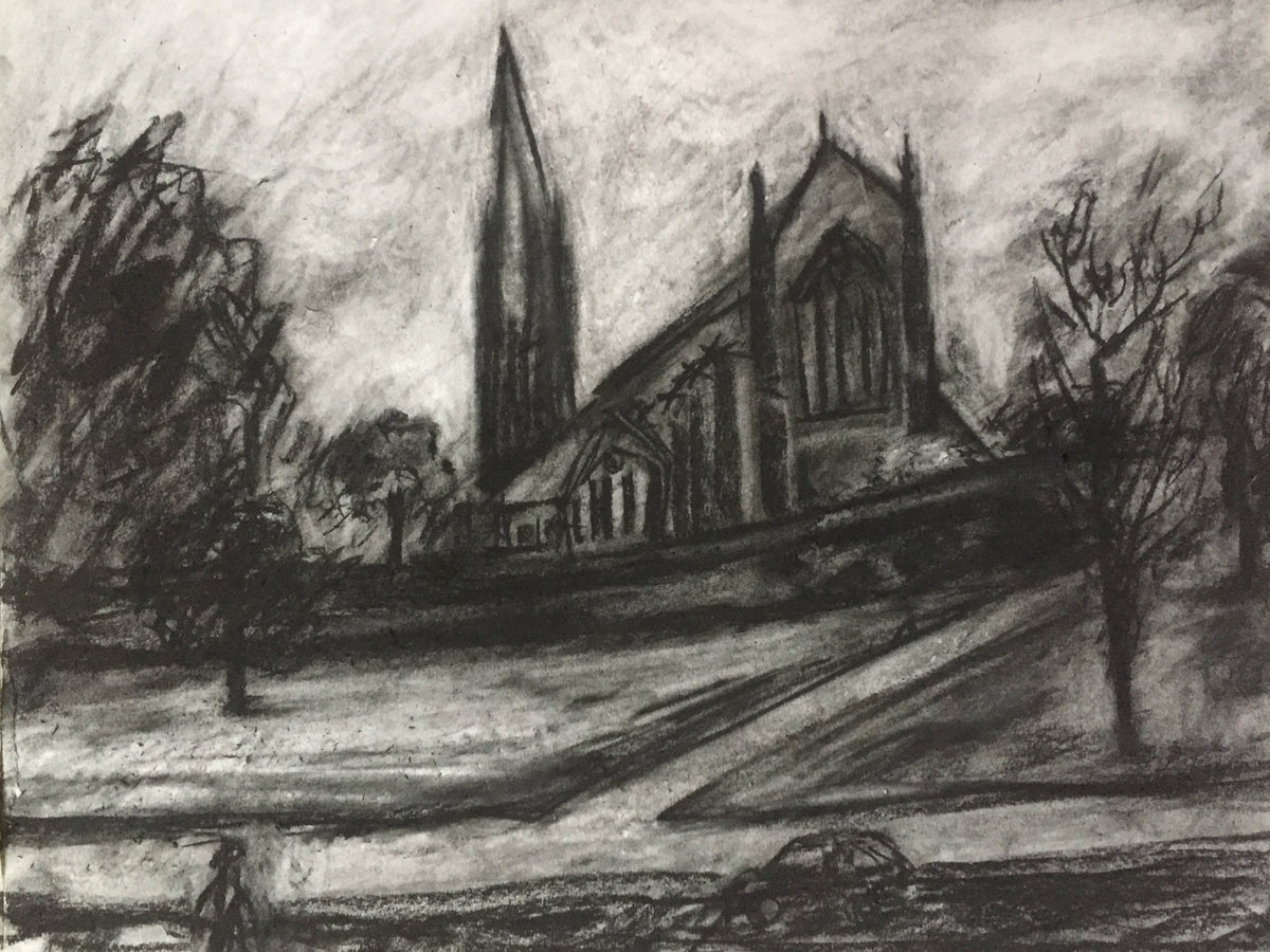Surrey urban landscape by Colin Galloway, showing a church, tall spire, trees and a roadside car in black and white.