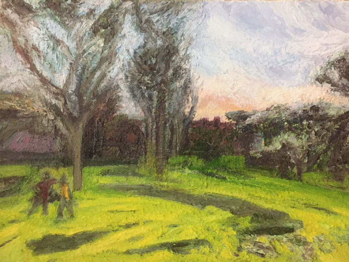 Springtime Early Evening, Surrey, by Colin Galloway, with tall trees and long shadows across bright green grass.